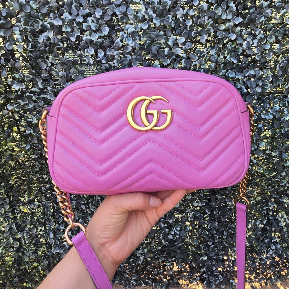 GUCCI MARMONT MATELASSE Pink quilted small Crossbody Chain shoulder Bag